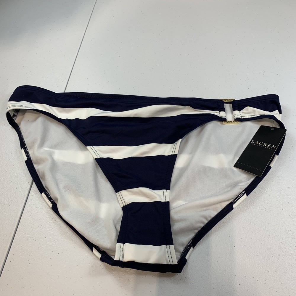 Lauren Ralph Lauren Women's Swim Bikini Bottoms 14 Striped Ring Hipsters Blue